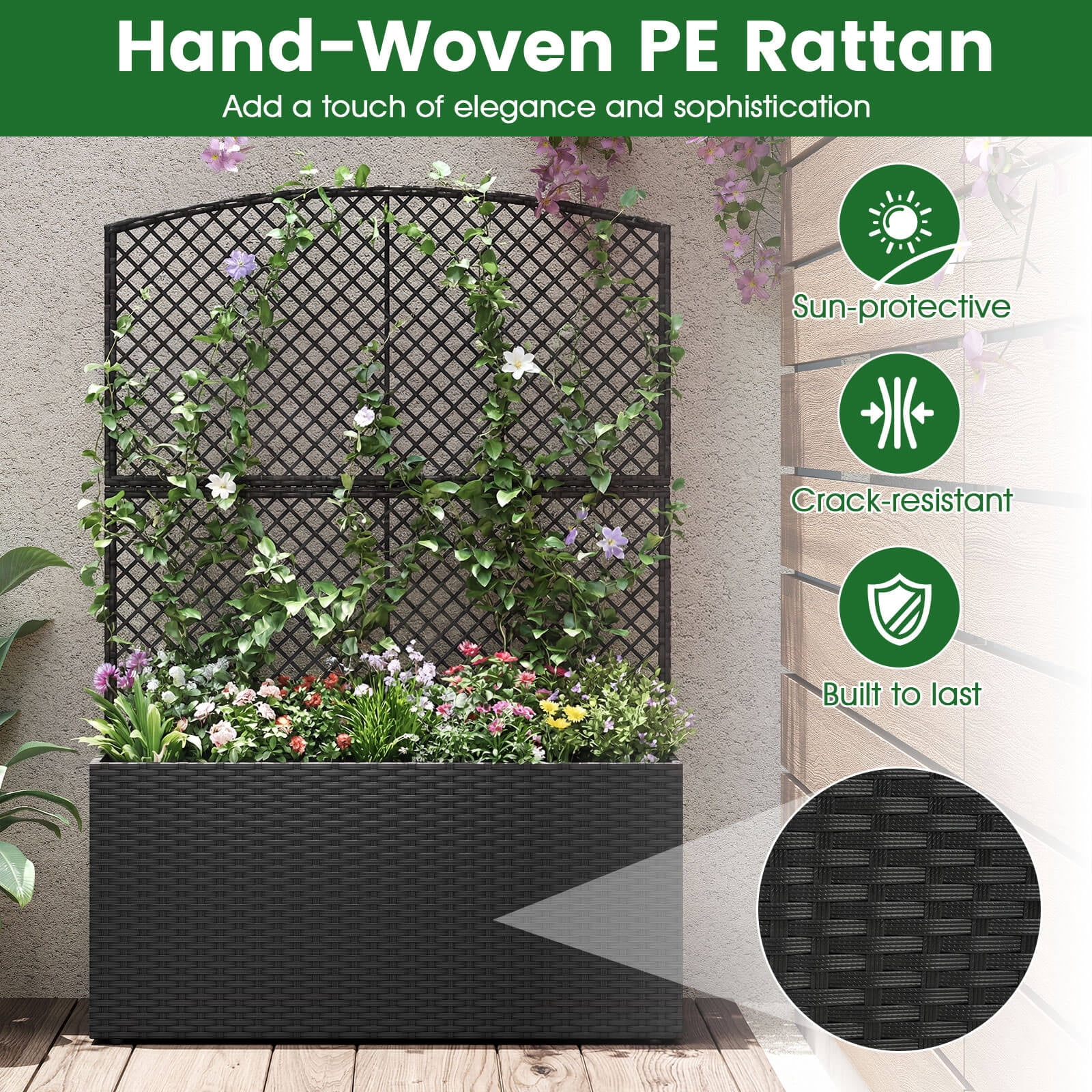 Costway 1 PCS 58” Raised Garden Bed with Trellis, Wicker Planter Box with Privacy Screen Black