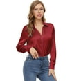 thumbnail image 4 of NeedBo Women's Blouse Satin Silk Button Down Shirts Casual Loose Long Sleeve Office Work Tunic Tops, Wine Red, 4 of 8