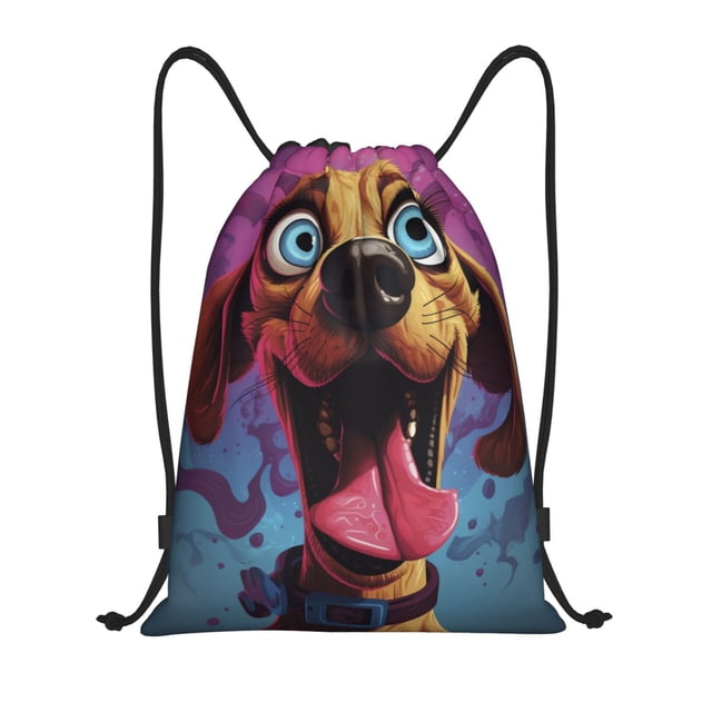 Xecao Cartoon Big-Eyed Dog Pattern Sports Drawstring Backpack - String Swim Gym Bag with Wet Proof Pocket for Women&Men-Medium