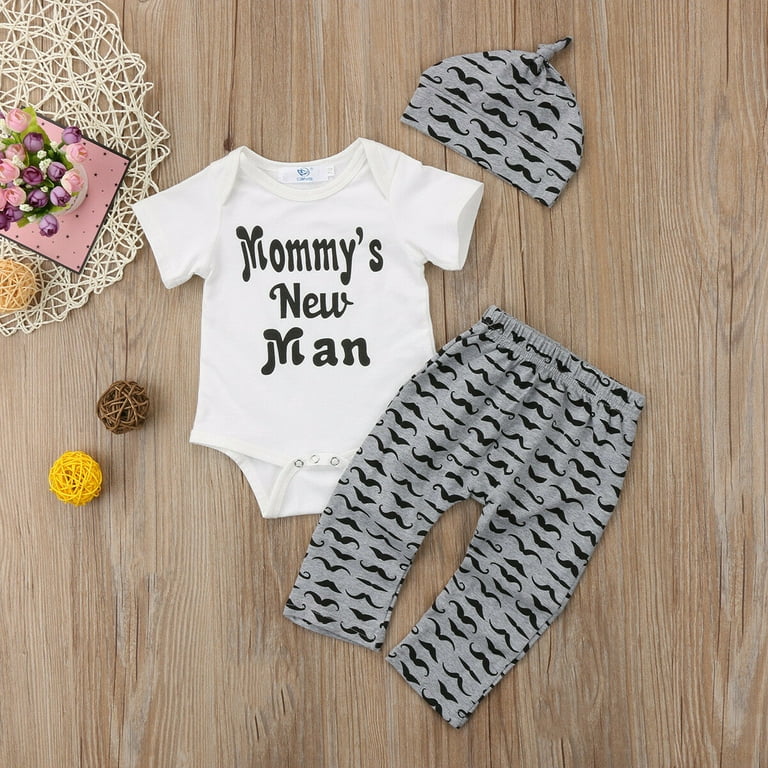 wsevypo 3Pcs Baby Boy Clothes Mommy s New Man Print Bodysuit Summe Cotton Short Sleeve Romper Moustache Pants Hat Outfits Set Walmart