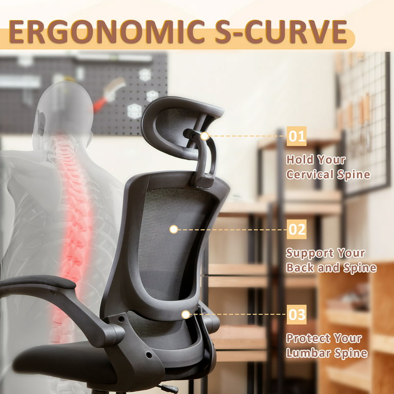 Prilinex Ergonomic Home Office Chair, Mesh Computer Chair with Adjustable Flip-Up Armrests, Tilt Function, Lumbar Support, 3D Headrest - 350 lbs
