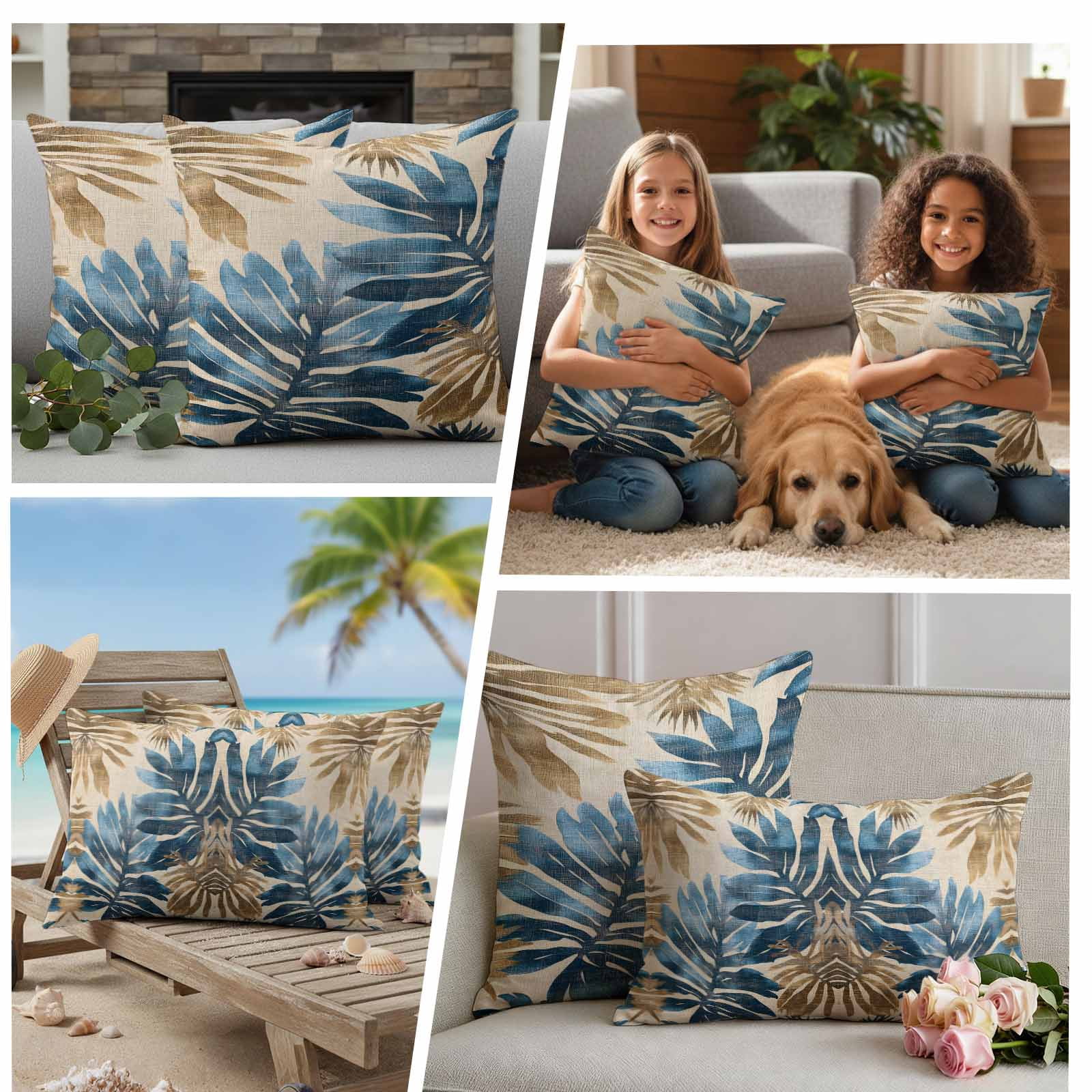 Pack of 2 Outdoor Pillow Covers 24x24 Inch Waterproof Blue Brown Palm Leaf Throw Pillow Covers,Decorative Couch Pillow Shams Protectors Retro Summer Botanical Patio Garden Pillowcases Cushion Covers