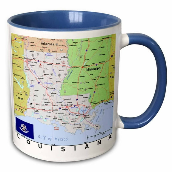3drose, Image of Louisiana Topographic Map with State Flag, 11oz Two-tone Blue Mug