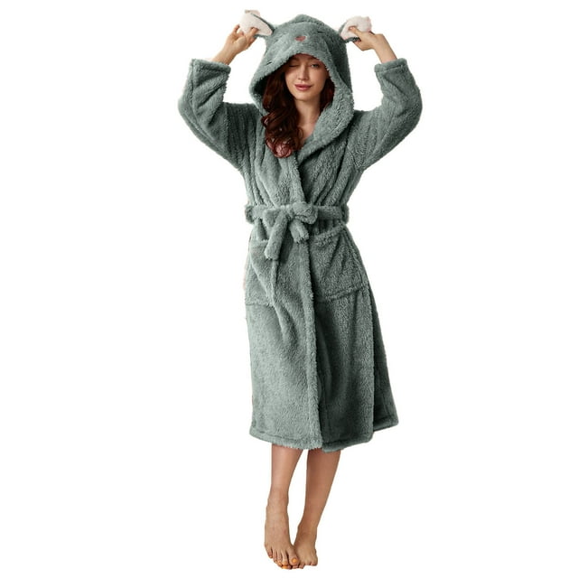 AherBiu Womens Robes Lightweight Fuzzy Fleece Warm Midi Bathrobe Soft Plush Belted Robe with Hood