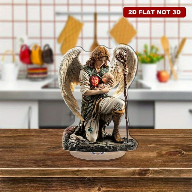 Rotating acrylic display featuring an ultra-realistic archangel Raphael with glowing staff and fish-scale wings healing in a war-torn hospital setting