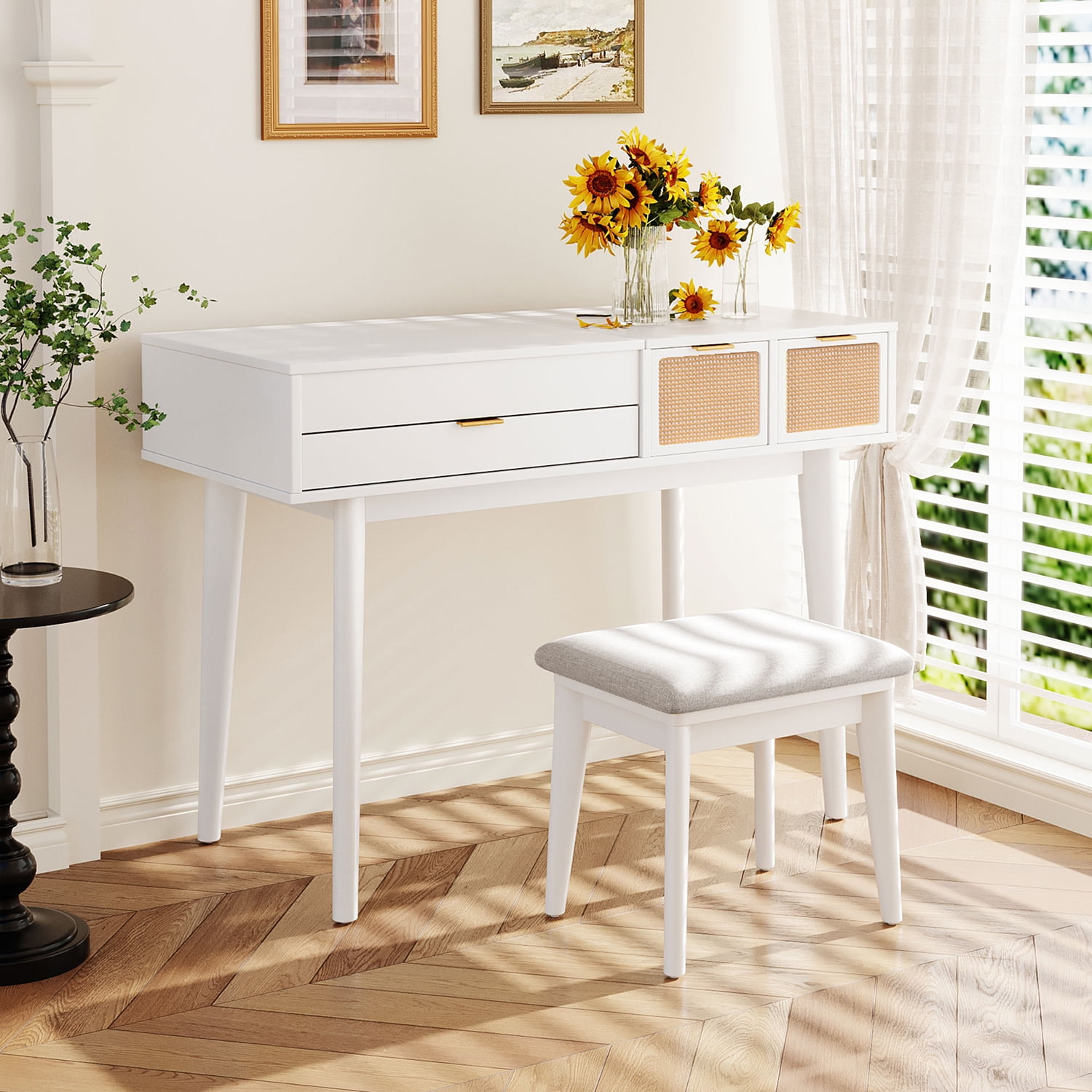 Kadyn 43.3" Classic Wood Makeup Vanity Set with Flip-top Mirror and Stool, Dressing Table with 3 Drawers, White