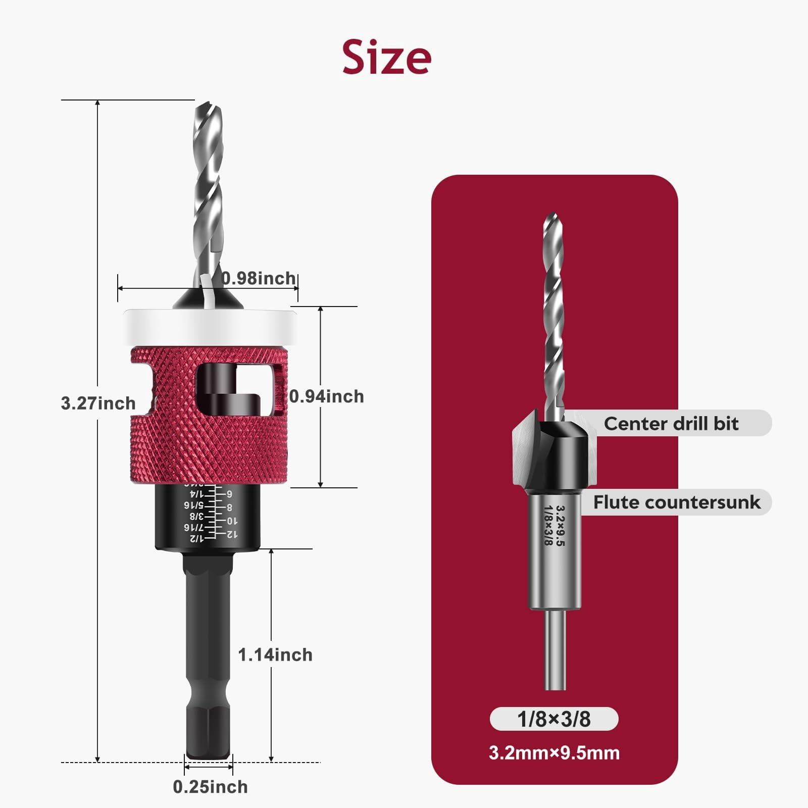 Two-Flute Counterbore with Depth Stop, 4-Piece Countersink Drill Bit Set with Adjustable Depth Collar, HSS Tapered Bits for Woodworking Cabinetry DIY