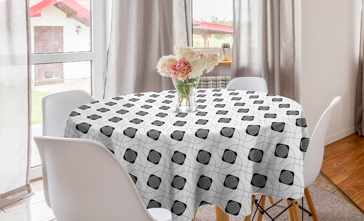 Geometric Round Tablecloth, Intricate Circles in Round Squares