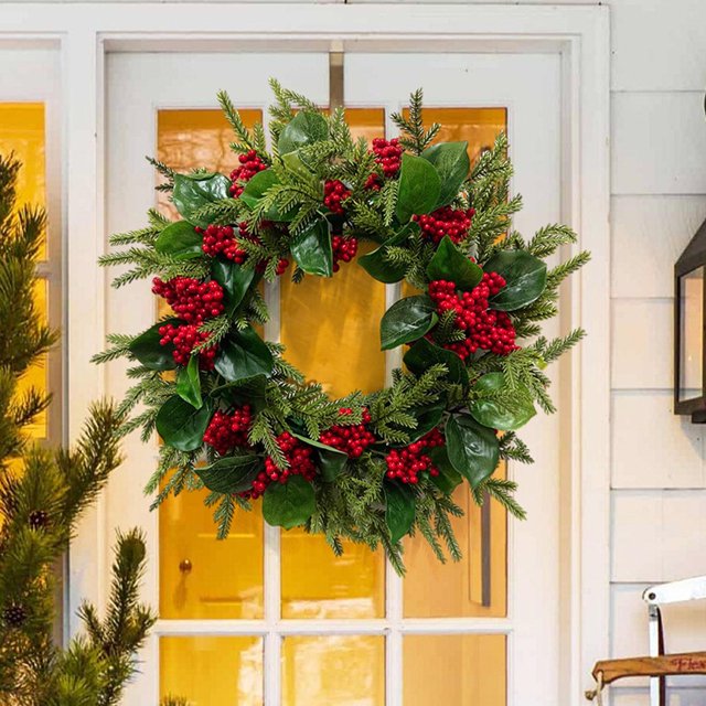 Corona de Navidad Corona de Invierno Corona de Puerta Delantera con Bayas Rojas Corona Floral Artificial para Ventana navideña Navidad al Aire Libre BLESIY Corona colgante