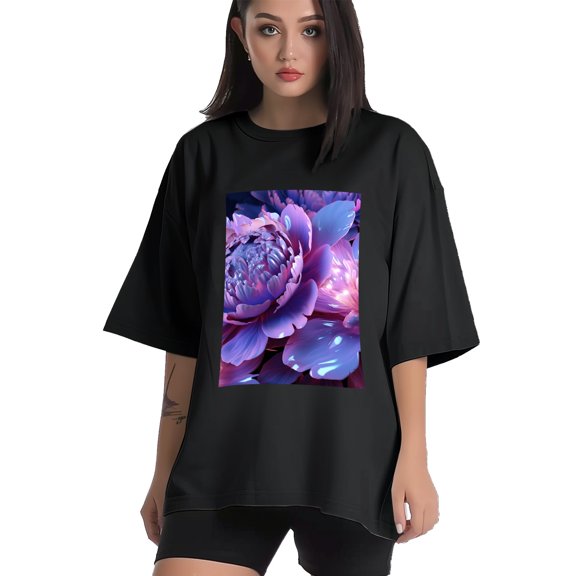 Plus Size Shirt for Women Black Tops for Women Short Sleeves Shirt for Women Peony Flower 2 T Shirt Crewneck Shirt for Women XS