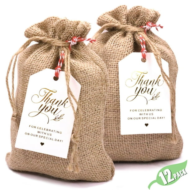 Artsy Crafts 12 Pack 5x7" Burlap Drawstring Bags + Thank You Tags