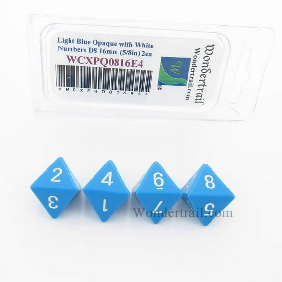 Light Blue Opaque Dice with White Numbers D8 Aprox 16mm (5/8in) Pack of 4 Wondertrail