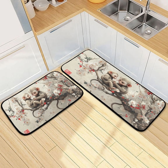 Kitchen Rugs and Mats【2 PCS】Non Skid Monkey Playing on Tree Painting Creative Kitchen Mat