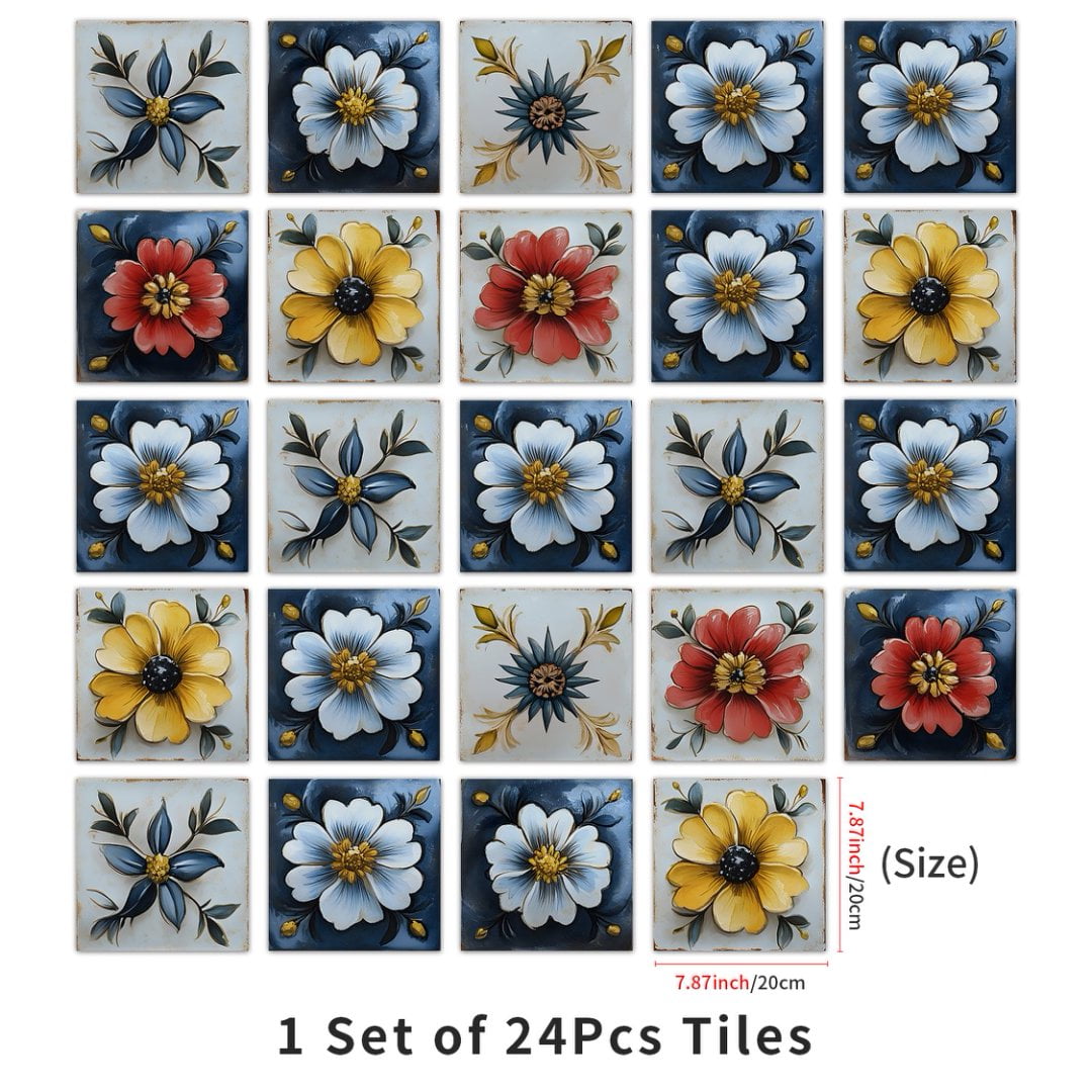 24 Piece Self Adhesive Tiles Stickers Wall Decals 8 x 8in Waterproof Kitchen Backsplash Multicolour Flowers Pattern DIY Decor Peel and Stick Tile Mural