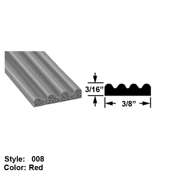 High Temperature Foam Rubber Surface Mount Seal, Style 008 Ht. 3/16" x Wd. 3/8" Red 5 ft