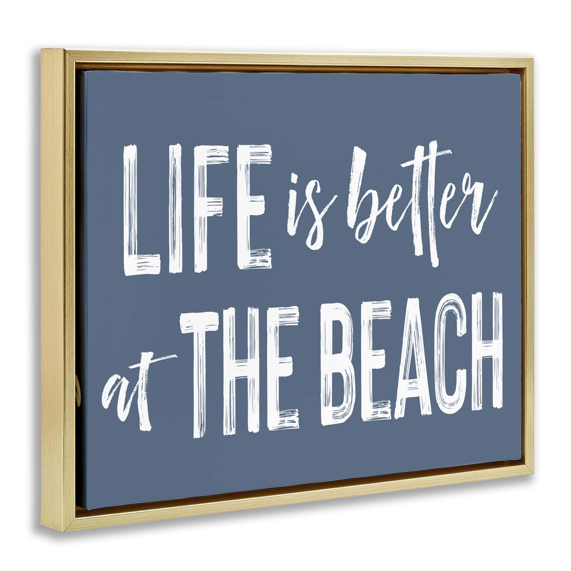 Life Better At Beach Blue Gold Framed Floater Canvas Wall Art, design by Lettered and Lined