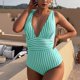 thumbnail image 3 of Gibobby Bañador de Bikini La reunión multicolor a rayas para mujer un traje de baño sin espalda sexy delgado(Verde,G), 3 of 4