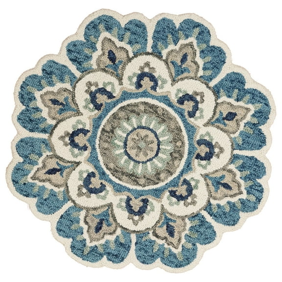 Laddha Home Designs 4' Ivory and Blue Edged Floral Hand Tufted Area Throw Rug