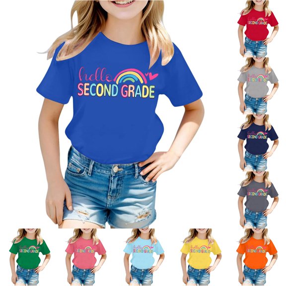 XAOFW Children'S Back To School T Shirts Casual Letter Printed Round Neck Short Sleeved Tees Boys Girls First Day Of School Shirt Trendy Top 1-2 Years