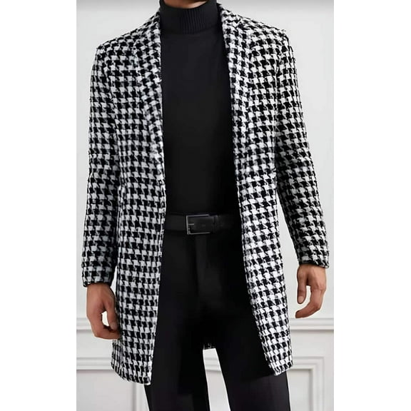 Mens Black Plaid Overcoat Wool Peacoat - Plaid Topcoats