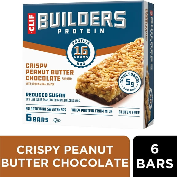 CLIF BUILDERS Protein Bars Crispy Peanut Butter Chocolate Flavored, Reduced Sugar, Gluten Free, 6ct