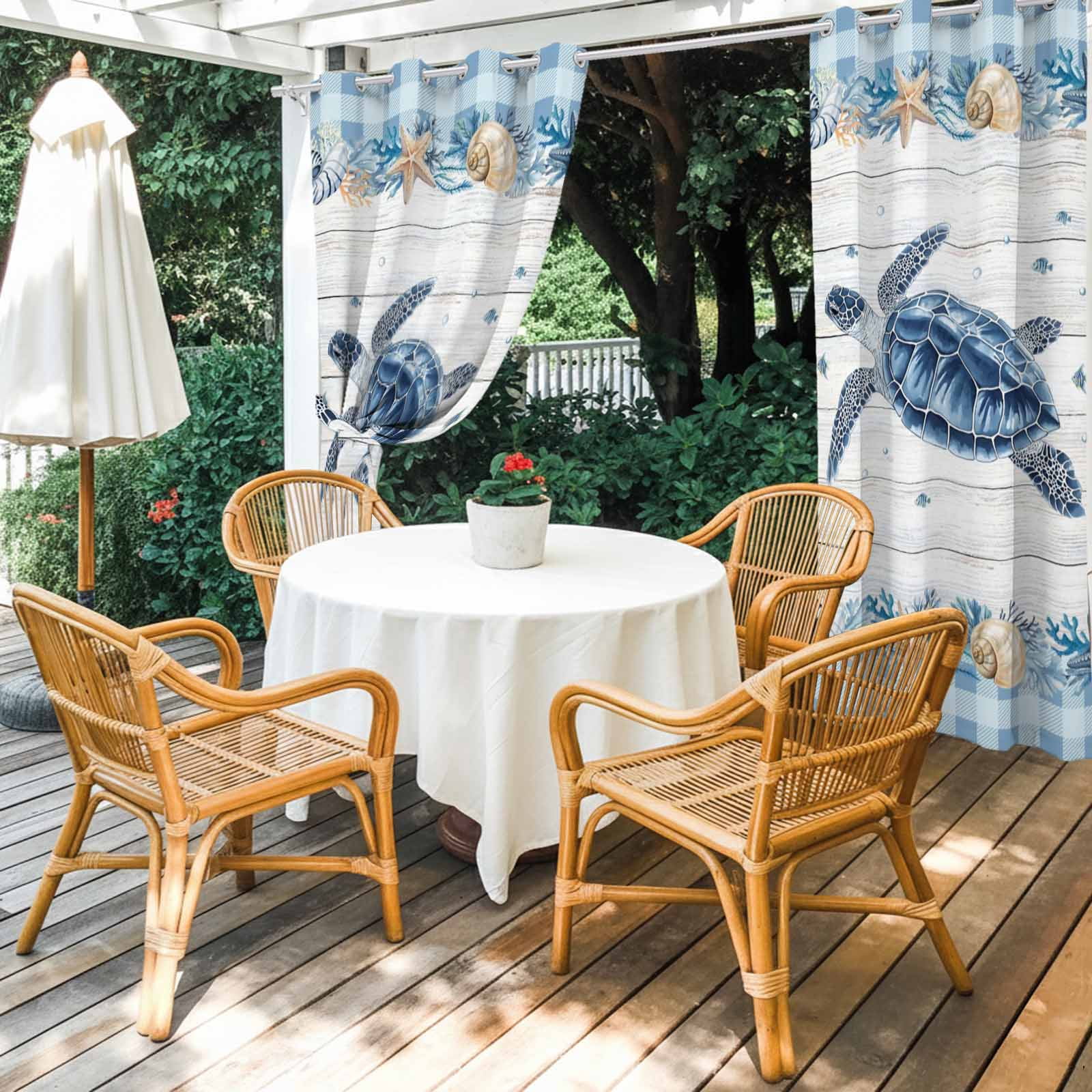 Blue Turtle Coastal Outdoor Curtains for Patio, Summer Starfish Beach Shell Coral Wood Grain Sunshade Privacy Drapes Grommet Waterproof Outside Curtains for Porch/Cabana/Balcony 54"x 108", 1 Panel