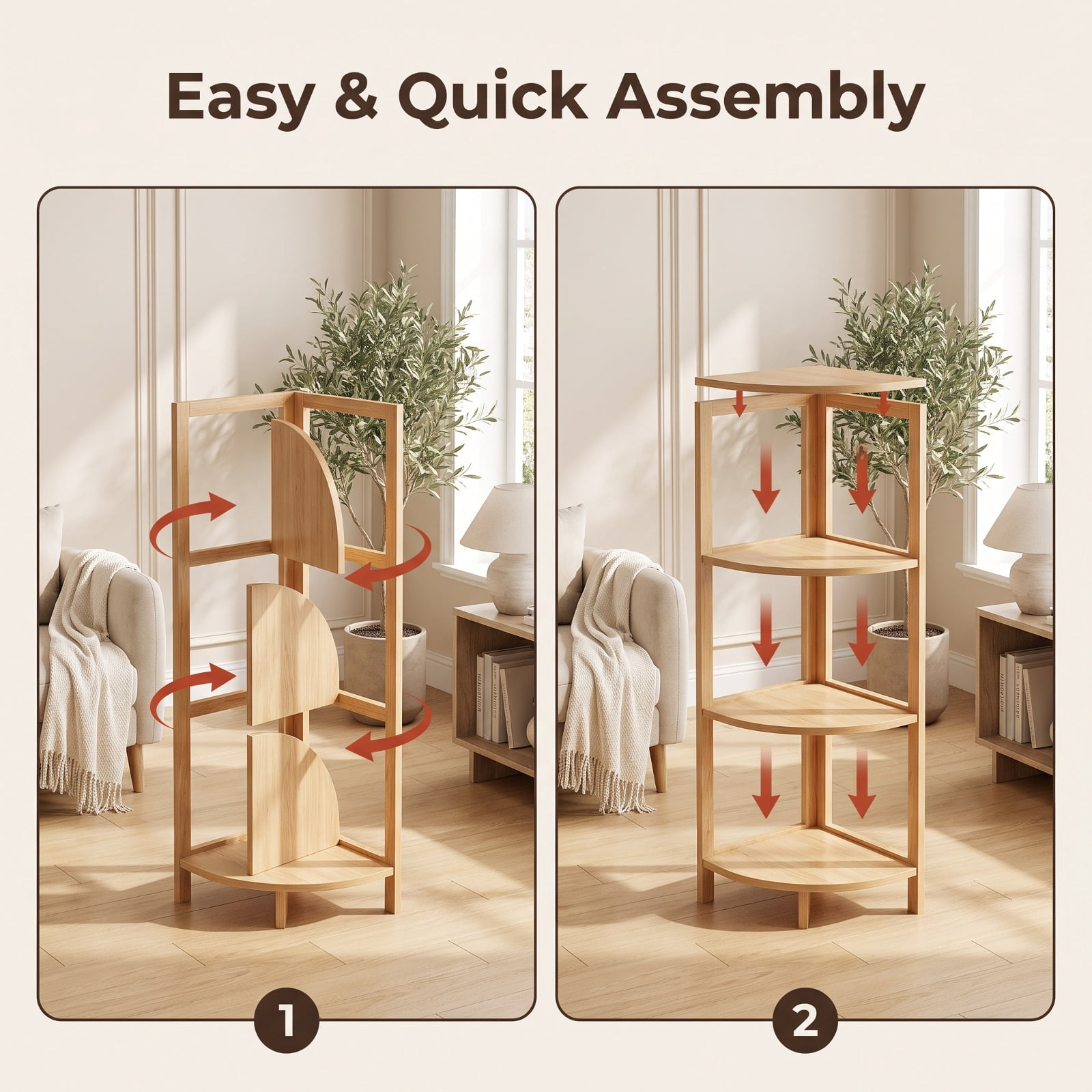 Furnibear 4-Tier Corner Shelf with Rubber Wood Frame and Anti-Toppling Kit for Living Room Home Office Bedroom Display Storage Shelf, Natural