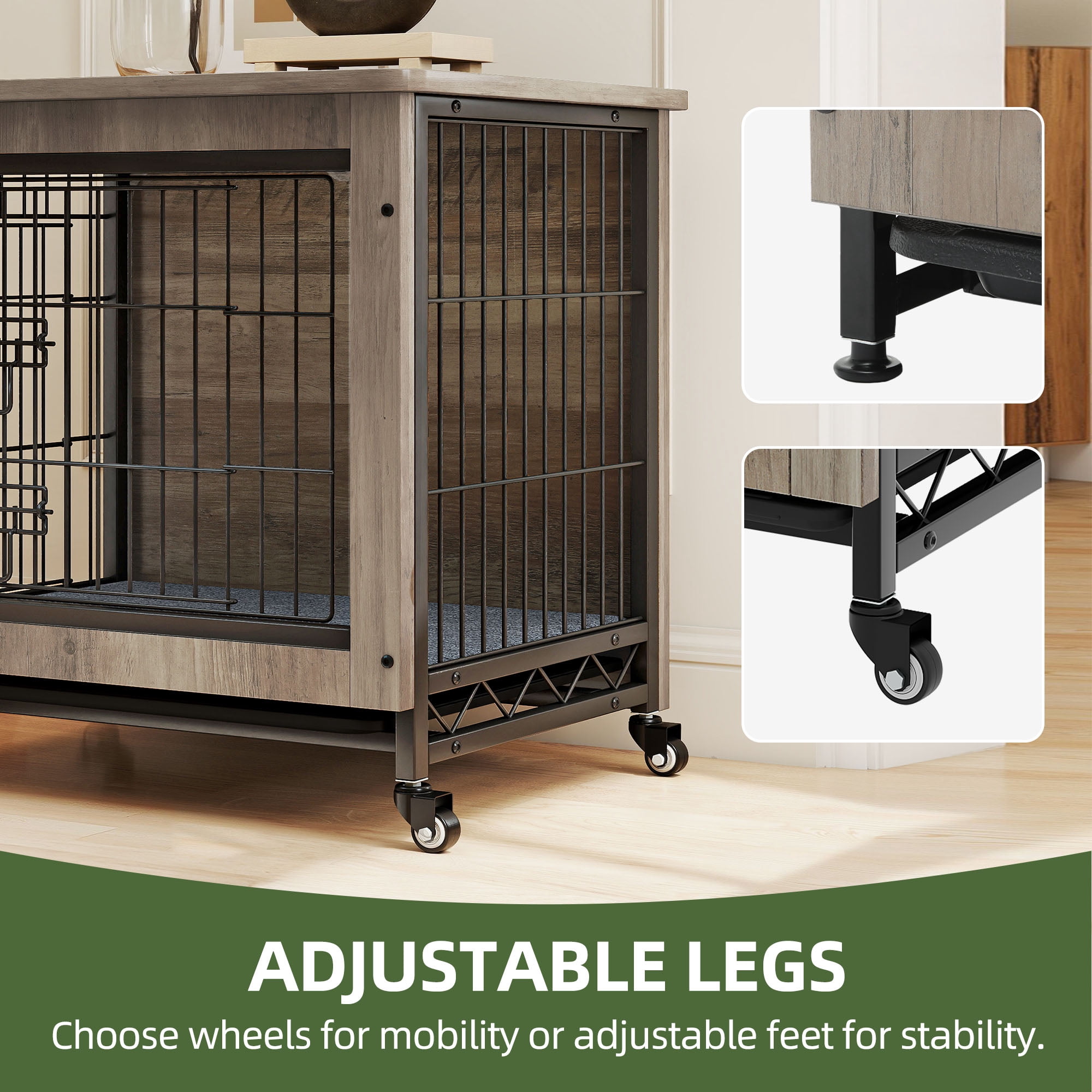 Uforic 27" Dog Crate Furniture with Cushion & Tray, Wooden Indoor Dog Kennel End Table for Small Dogs, Gray