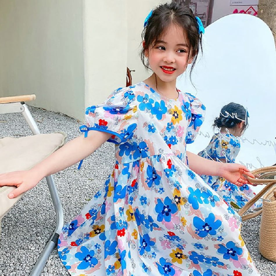 2023 bebe filles bleu fleur imprimer robes vetements manches bouffantes enfants ete princesse robe enfants fete balle Pageant tenues