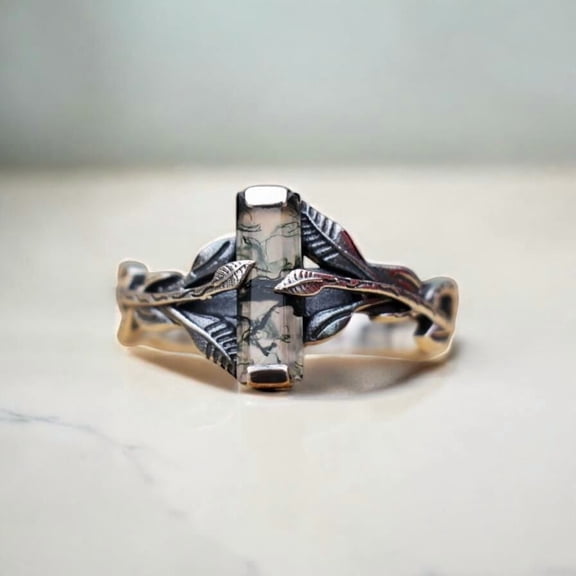 SS DESIGNS- Moss Agate Ring Artisan Crafted 925 Sterling Silver Boho Leaf Design, Dainty Earthy Statement Jewelry