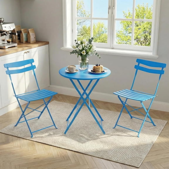 YUSAZENS 3-Piece Metal Folding Patio Bistro Set, No Assembly Required, Indoor/Outdoor Table & Chairs, Weather-Resistant Furniture for Balcony, Yard, Garden (Blue)