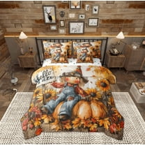 Manfei Western Farmhouse Screcrow 7-Piece Twin Bedding Sets,Orange Pumpkin Maples Bedding Comforter Set,Hello Fall Sheet Sets For Child,Ultra Soft Home Decor Reversible