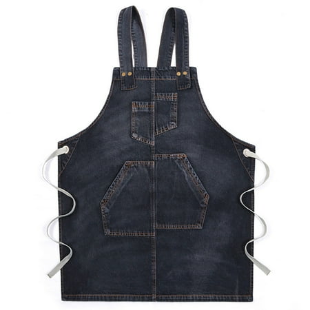 

CHAOMA Men Women Denim Bib Apron Cross-Back Straps Adjustable Jean Shop Work Aprons with Pockets for Salon Barber Hairdressers Kitchen BBQ Grill