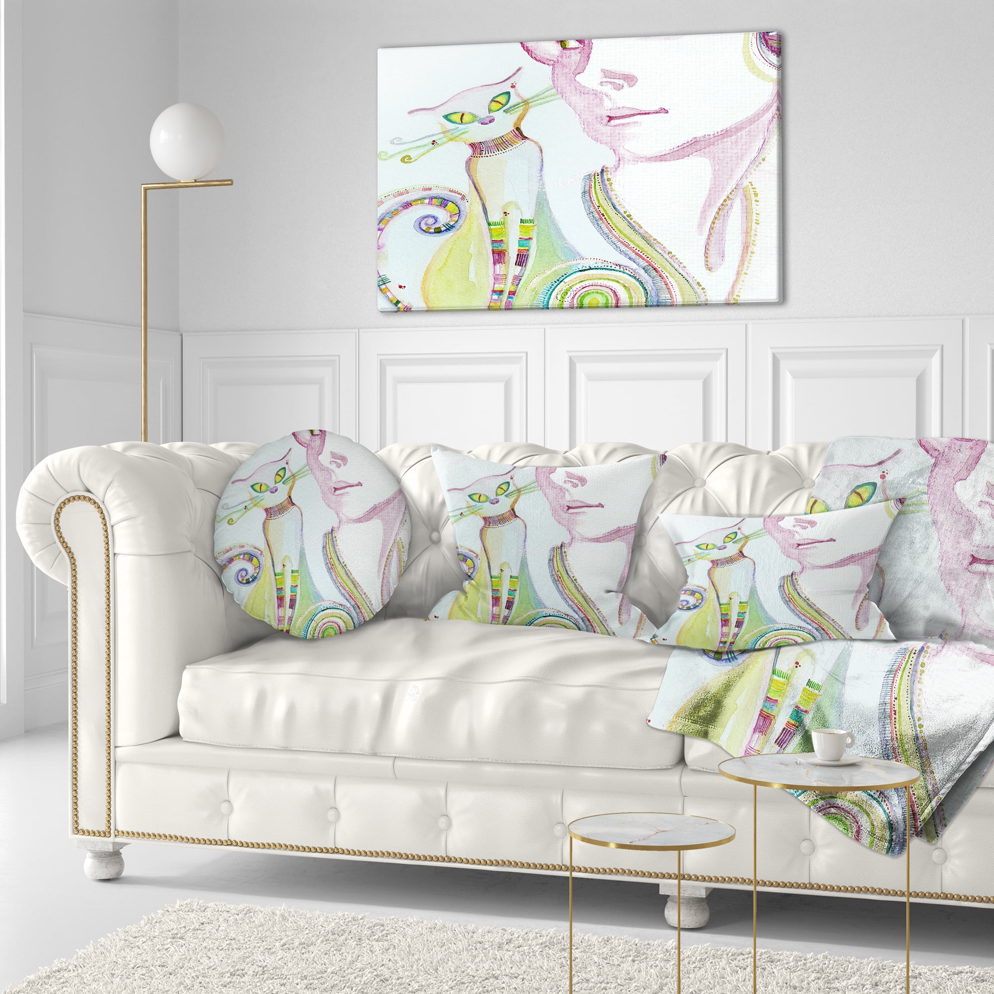 Designart Cute Girl with Cat - Abstract Portrait Throw Pillow - 12x20