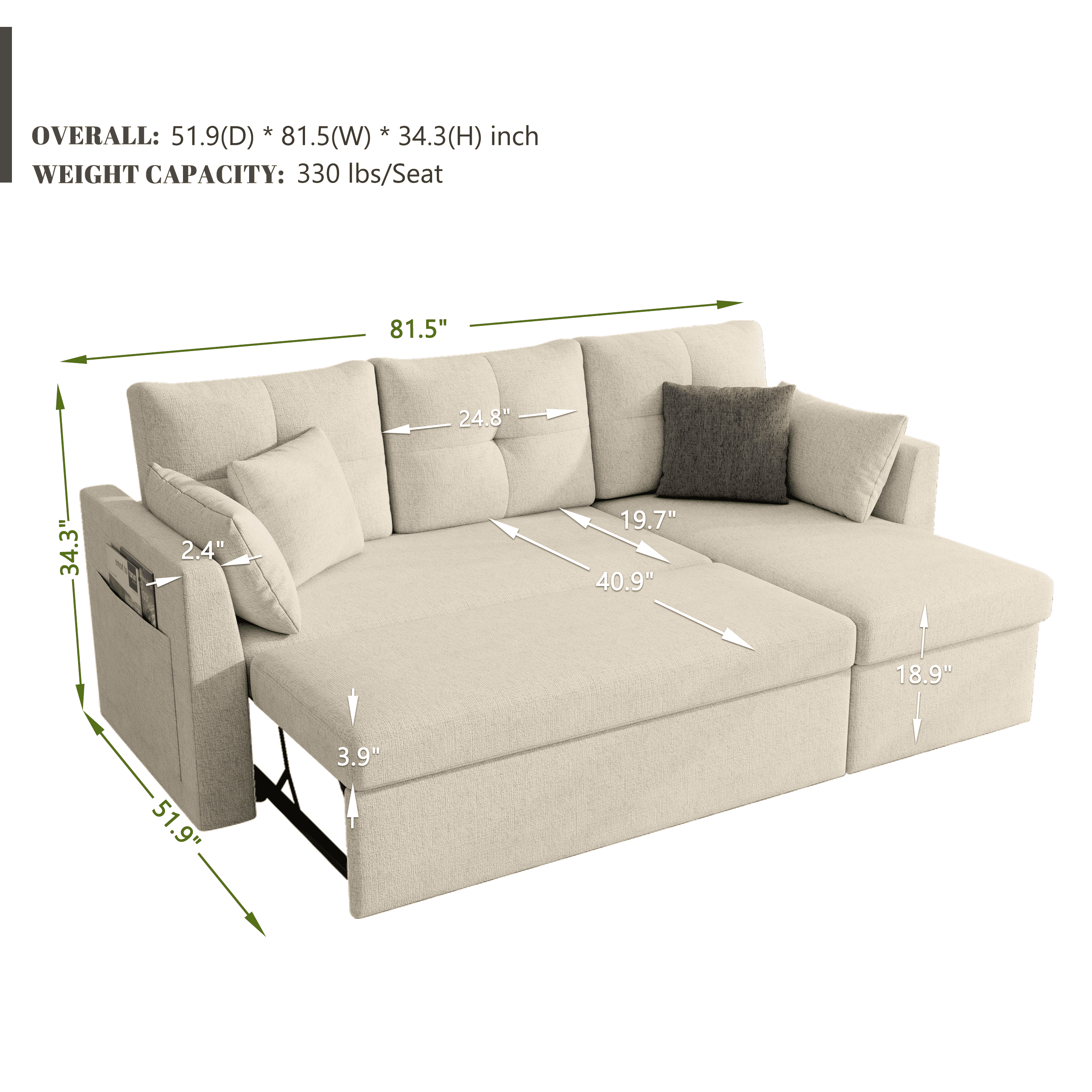 Mangodan Sectional Sleeper Sofa Couch, 2 in 1 Pullout Couch  Sleeper Sofa Bed with Storage Chaise, Side Pocket, Beige