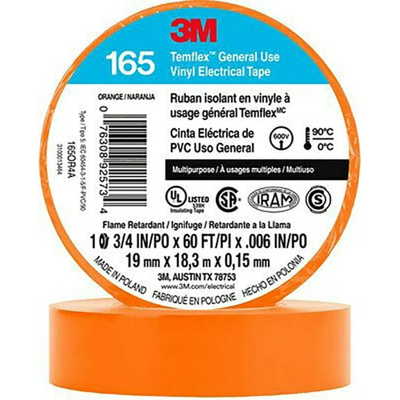 3M Temflex Solvent-Free Vinyl Electrical Tape (165): 3/4 in. x 60 ft. (Orange) 10-pack