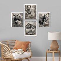 PixonSign Framed Wall Art, Rustic Farmhouse Animal Cow Cat Sheep Horse Landscape Posters, Set of 4 Illustration Wall Decor Prints, Classic Contemporary Wall Décor for Living Room - 8"x10" White