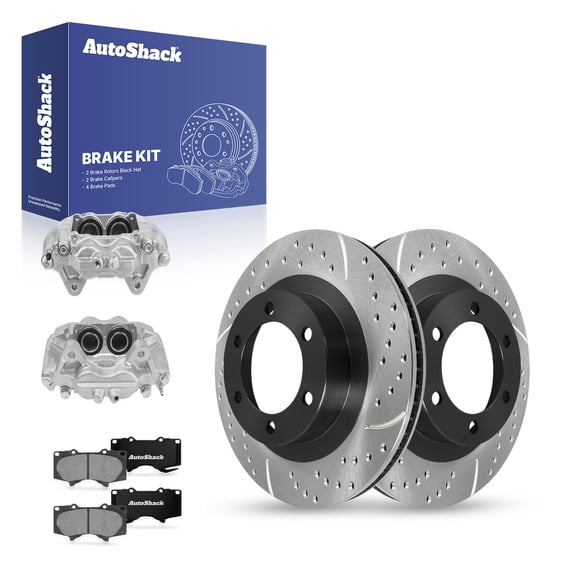 AutoShack Front Vented Drilled & Slotted E-Coated Brake Rotors   Premium Ceramic Pads   Calipers 8-PC Brake Kit Replacement for 2003-2009 Toyota 4Runner ShadowGuard 13.29" (337.5 mm)