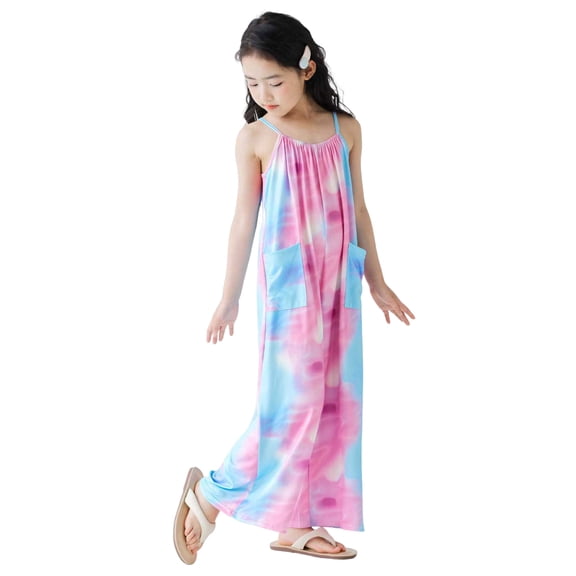 Splozh Toddler Rompers Girl's Cute Print Ruffle Cami Wide Leg Jumpsuit Sleeveless Long Romper Pink,13-14 Years