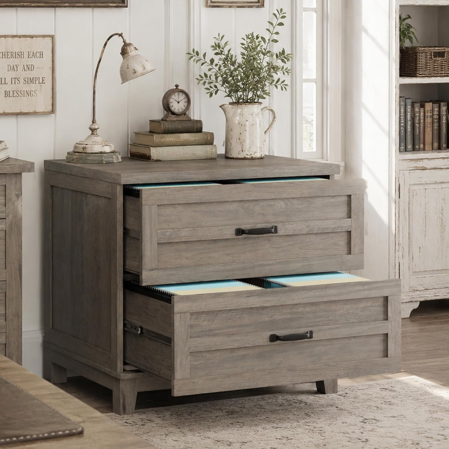 Farmhouse 2-Drawer Lateral Filing Cabinet Large Capacity Hanging File Storage Cabinet for Legal Letter A4 Heavy Duty Sturdy Frame Thick Top Home Office Side Desk Organizer Rustic Gray