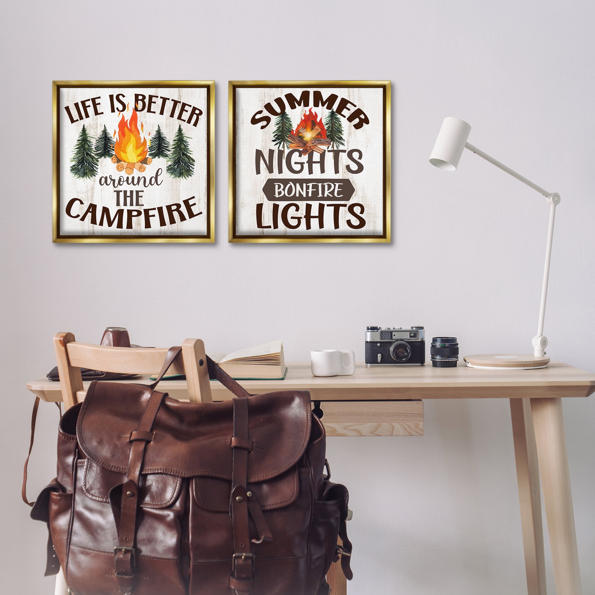 Stupell Industries Summer Nights Campfire Text & Numbers Painting Gold Floater Framed Canvas Art Print Wall Art, 18 x 18, Set of 2