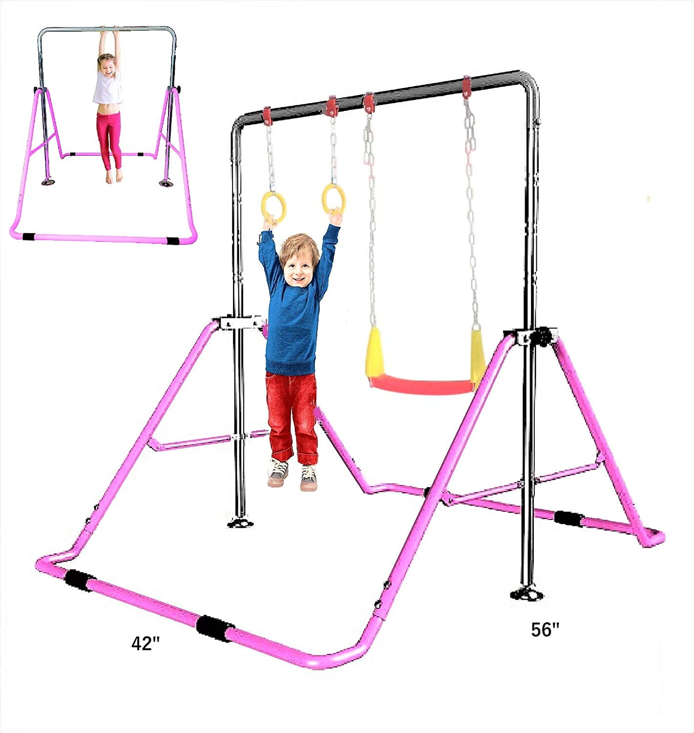 Trapeze Rings Playground Playset Horziontal Gymnastics Monkey Bars Expandable Junior Training Bar Foldable w Stretch Band ToyKraft 3 in 1 Kids Jungle Gym Gymnastics Kip Bar Junior Training Deluxe Swing