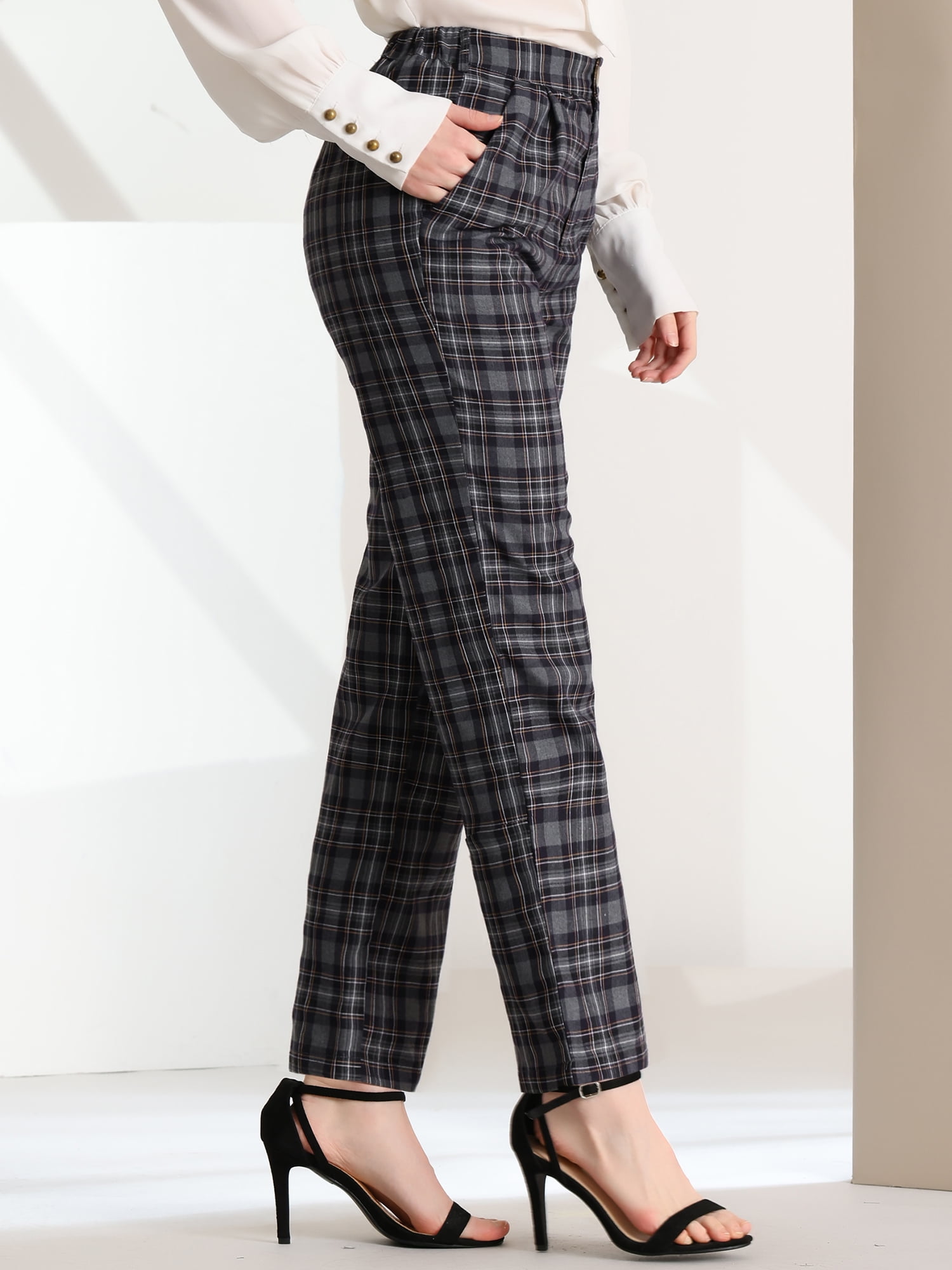 DARING DIVA Women's Plaid Trousers Pockets Straight Leg Casual Pant L dark Gray Black