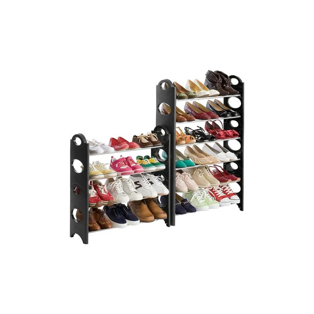 rack zapatera 10 niveles compraymas rack zapatera compraymas organizador 10 niveles negro, vista frontal 3/4 de dos módulos ensamblados con paneles laterales perforados y 10 niveles; soporta hasta 30 pares según especificaciones, estantes planos, estructura resistente, ligero y fácil de armar, ajustable a 3 niveles; también apto para organizar cajas o accesorios de calzado.