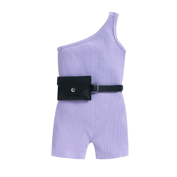 TOOYOU Girls Romper Sleeveless Solid Ribbed Off Shoulder Jumpsuit Belt Waist Bag Outfits Holiday Pajama Playsuit Bodysuits For Toddler ,Size 3-4 Years