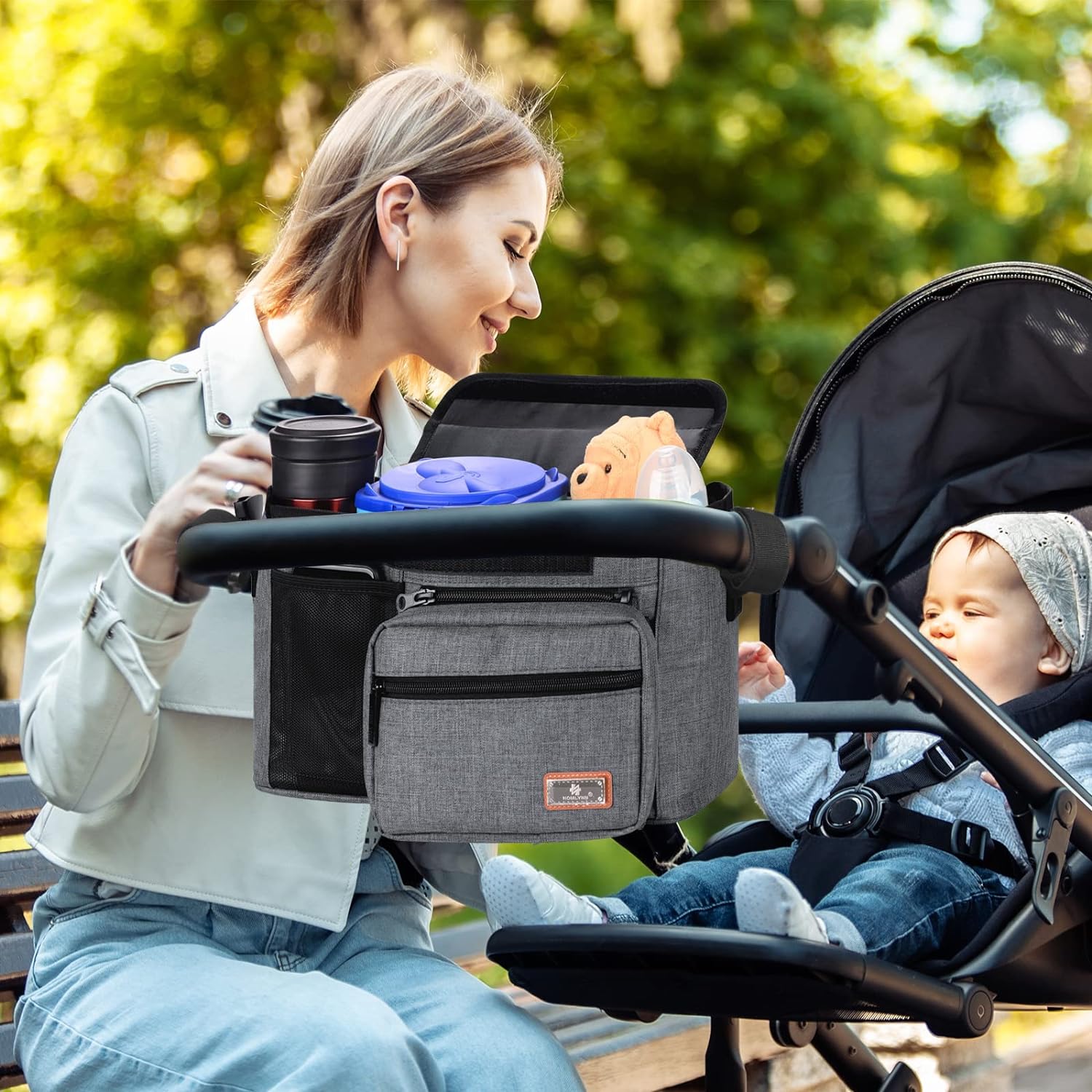 Homlynn Baby Stroller Organizer with Bottle Holders, Universal Stroller Accessories Caddy Storage Bag With Detachable Bag & Shoulder Straps for Carrying Diaper, Phone, Keys, Toys & Snacks(Grey)
