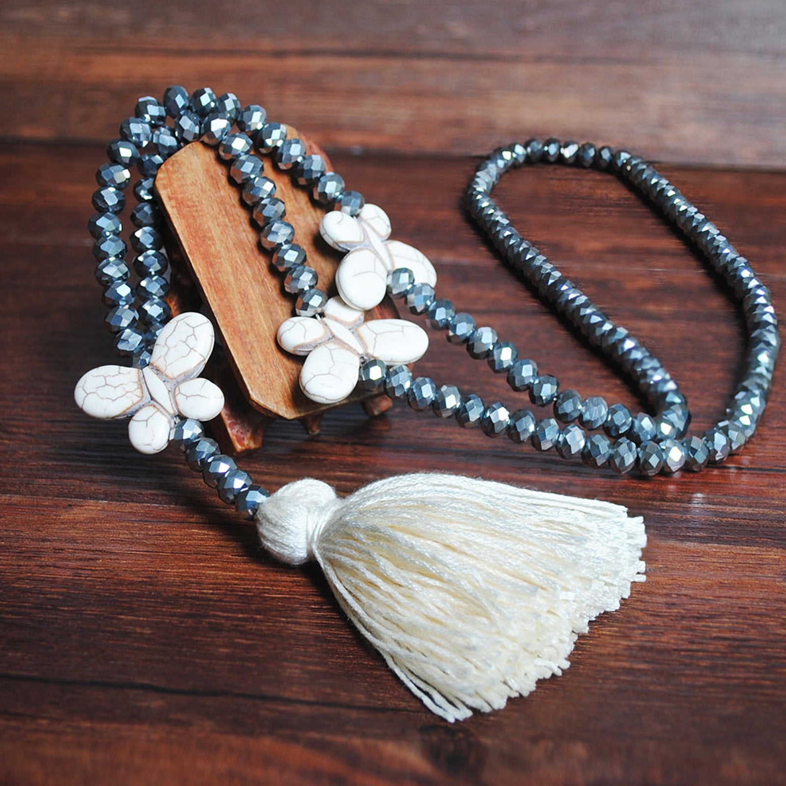 Lzobxe Necklaces for Women Butterfly Pendant Tassel Sweater Chain HandMade Crystal Bead