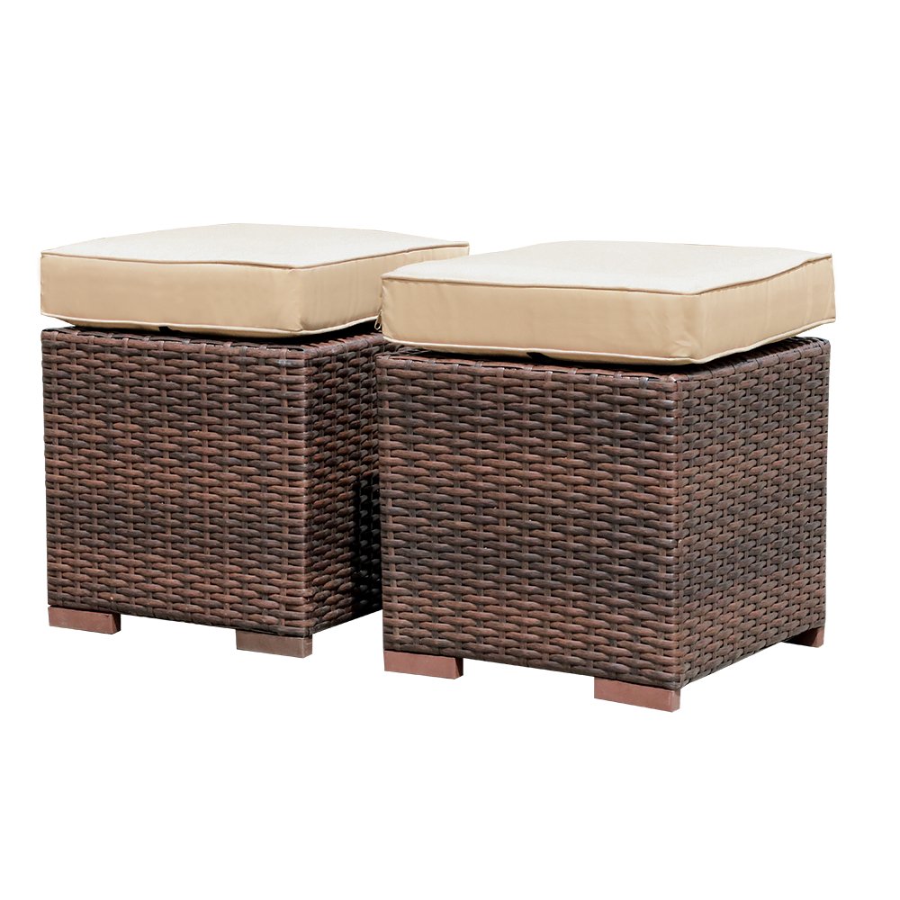 Outdoor Patio Ottomans, All Weather Brown Wicker Rattan Footstool