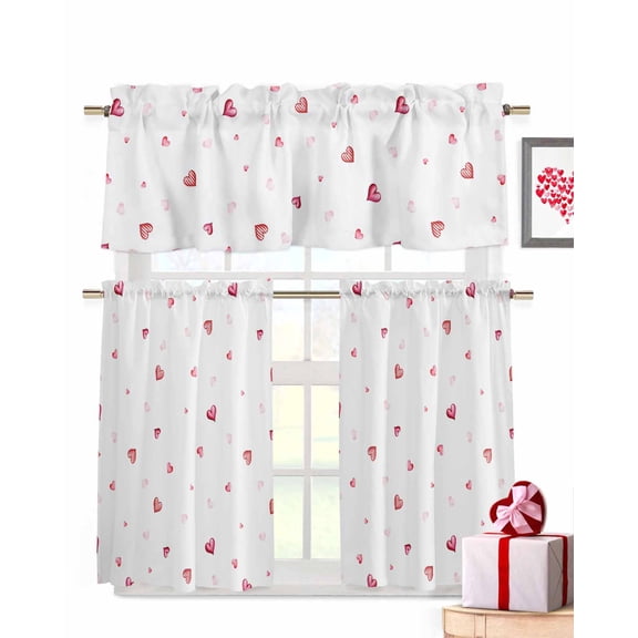 Happy Valentine's Day Kitchen Curtains Valances and Tiers Set of 3, 24 Inch Length Tier Curtains and Valance Rod Pocket Valance Curtains Set for Kitchen Bathroom Small Windows