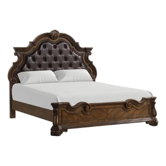 Leova Queen Bed-Bombay Headboard-Faux Leather Upholstery-Dark Brown
